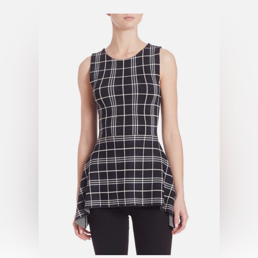 Theory Kalora Lustrate Plaid Peplum Sleeveless Top in navy blue and white.